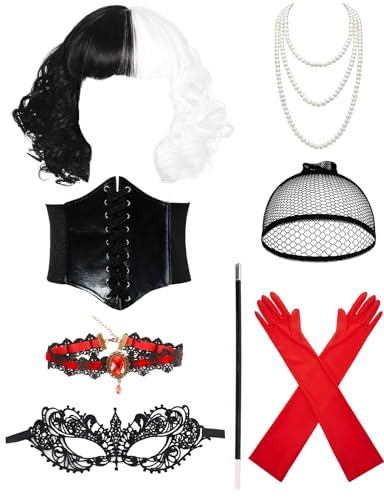 Heartsking 7 Piezas Peluca Blanca y Negra Disfraz Cruella Devil Mujer con Guante Vintage Rojo, 70s Accesorios Disfraz de Halloween, Cruella de Vil Disfraz Adulto para Carnaval Halloween Cosplay