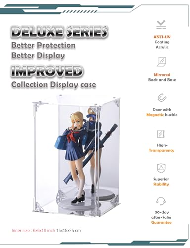 Image of Acrylic Display Case, Mirrored Back and Base, UV Protected, Front Door with Magnetic Buckle, Display Box, Dustproof Showcase for Figures, Collections, Models, Toys (6x6x10 inch, 15x15x25 cm)