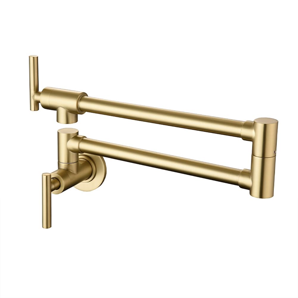 Wall Mounted Pot Filler Kitchen Tap Single Cold Kitchen Sink Mixer Taps, Brass Dual Lever 360° Swivel Commercial Kitchen Faucet with Double Joint Swing Arm, G1/2inch, Gold