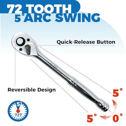 Image of Der Erwachte 3-Piece Ratchet Set, Quick Release Reversible, 72-Tooth, 1 /4 inch, 3 /8 inch, 1 /2 inch Drive Ratchet Wrench, 5 Degree Swing, Chrome Alloy Made, Full Polished