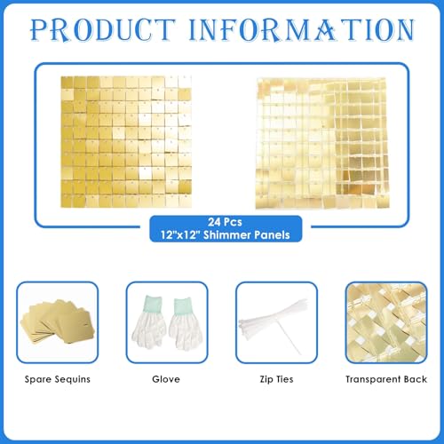 Image of Shimmer Wall Backdrop Light Gold Square Sequin Wall Panel Backdrop Decor for Wedding, Anniversary, Birthday, Party, 24 Panels