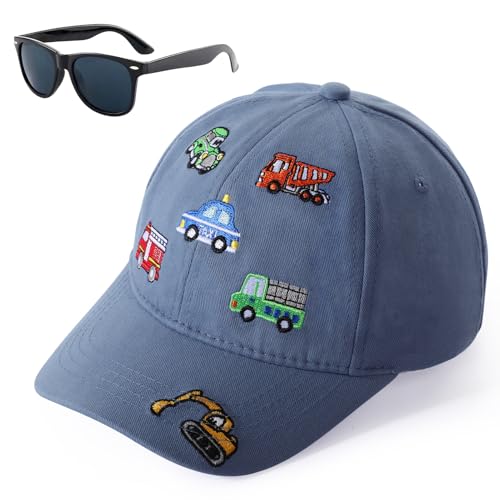 Kids Baseball Caps for Boys Girls Fire Truck Excavator Hat with Sunglasses Summer Toddler Sun Hat Age 3-8 Light Blue