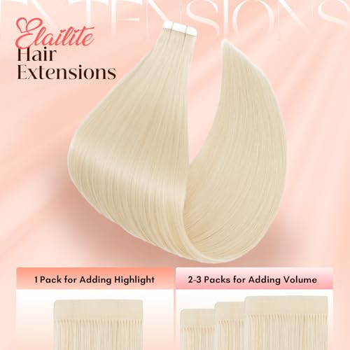 Image of Elailite Tape in Hair Extensions Human Hair Thick Real Remy Hairpieces Platinum Blonde 20 Inch 50g 20pcs Straight Invisible Seamless Skin Weft Best Tape for Women