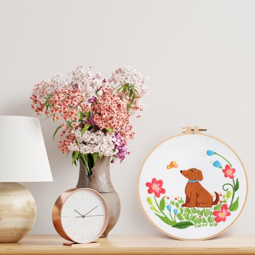 Image of Louise Maelys Dog Embroidery Kits for Beginners with Floral Pattern,Cross Stitch Kit for Adults DIY Needlepoint with Embroidery Instructions