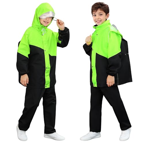 Image of FILOWA Waterproof Suit Kids Boys Lightweight Jacket and Waterproof Trouser Set Breathable Raincoat Hooded Rain Coat & Pants Rainwear Hiking Rain Suit for Teenager 13-14 Years, Fluorescent Green