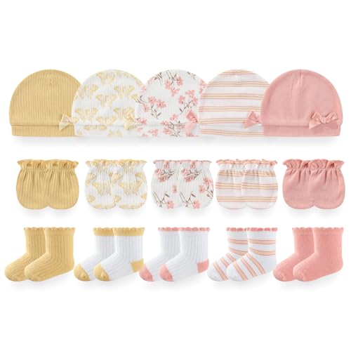 Image of BIGBIGKISS Baby Girls Boys Hats Mittens and Socks Set Cotton Infant Caps Newborn Soft Gloves 0-6 Months