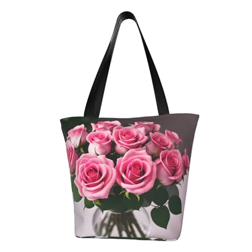 Pink Roses Print Comfortable Shoulder Bag Summer HandbagTravel Beach Work Daily Use Versatile Carry