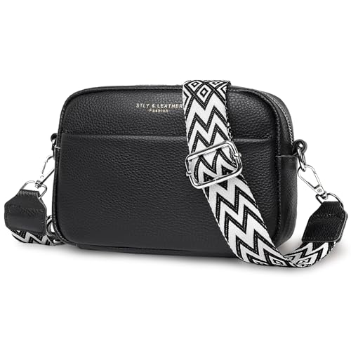 Crossbody Bag Damen, Echtes Leder Umhängetasche Damen Klein Mode Crossbody Bag Breiter Gurt, Damen Schultertaschen Handytasche zum Umhängen für Arbeiten Einkaufen Dating Reisen, Schwarz