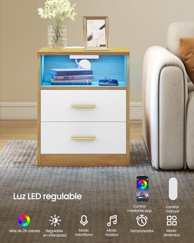 Miniatura 5 de Vasagle Custos Colección - Juego De 2, Mesita De Noche Con Estación De Carga, Luz Led, Mesa Auxiliar Con Cajones, Estante Abierto, 2 Tomas Ca Y Puertos Usb, Roble Natural Y Blanco Nube Let829yd02