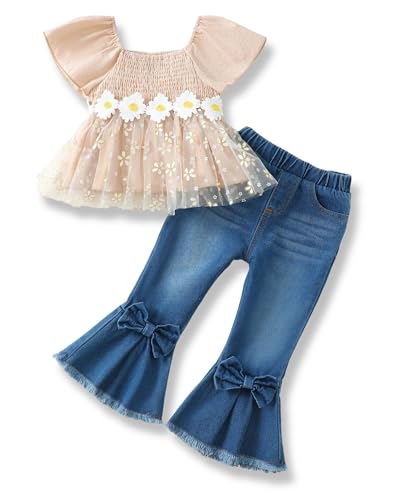 Image of XUANHAO Toddler Girls Clothes Puff Sleeve Smocked Shirt Flare Jeans Pant Outfits for Girl Bell Bottom Kids Girls Clothing Set