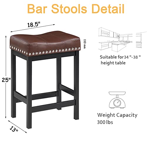 Oulluo Brown Bar Stools Set Of 2, 24 In Counter Height Kitchen Stools,Leather Saddle Stools For Kitchen Counter, Industrial Backless Barstools With Nailhead For Island, Dining,Pub, Black Metal,918Br #TOP2