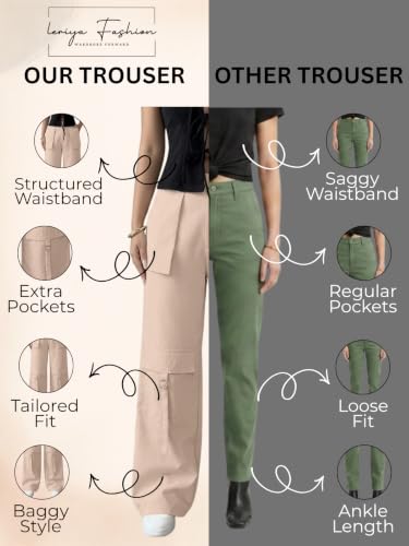 Image of Leriya Fashion Cargo Pants for Woman | Cargo Pants for Women Cotton Wide Leg Utility Fit Flap Pockets | Trousers Fors Women, Relaxed Fit Baggy Pant Airport Outfit for Womens Streetwear Attire