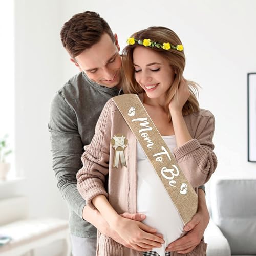 Image of 3PCS Mom to Be Sash Mom to Be Pin, Neutral Burlap Maternity Sash Corsage Pin and Flower Crown Headband, Boho Style Mommy to Be Sash for Baby Shower Sash Pin Set for Pregnant Keepsake Gifts