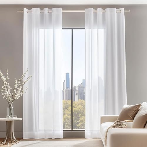 Cortinas Salon Modernas 90 x 240 cm Translucido Moderno Decoracion Cortinas Dormitorio Visillos con Ojales para Dormitorio Matrimonio Comedor, Blanco