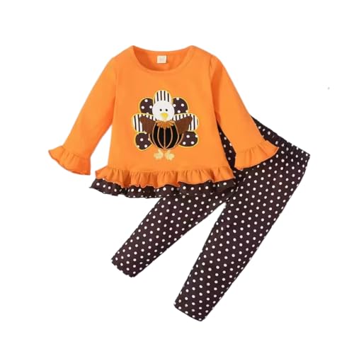Noubeau Toddler Baby Girl Thanksgiving Outfits Cute Turkey Ruffled Shirt Flared Sleeves Top Polka Dot Pants cover