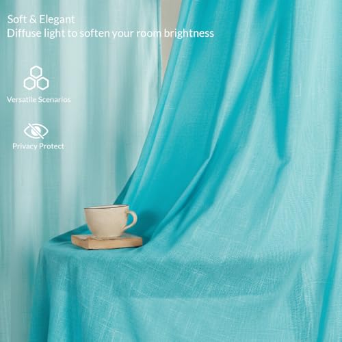 Image of HOMEMONDE Faux Linen Curtains Transparent Sun Light Filtering Drapes Hangs with Rod Pocket for Living Room, Office, Bedroom, Celeste, 1 Piece | Sheer