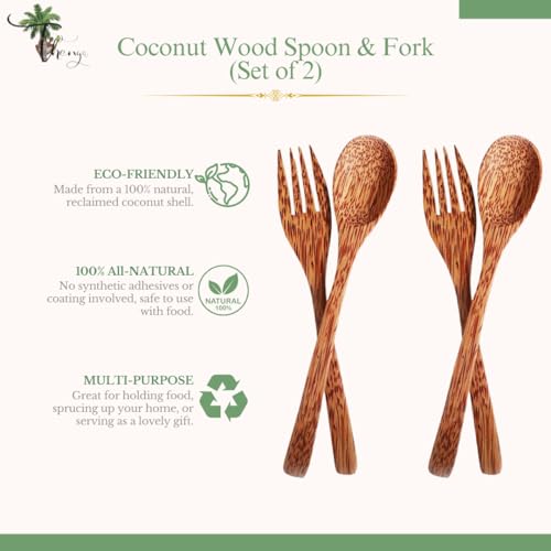 Image of Thenga Coconut Wood Spoon & Fork Set | 100% Natural & Handmade Wooden Cutlery | Eco-Friendly, Durable & Sustainable Dining Utensils for Meals, Salads, Soups & Desserts | Pack of 4 (2 Spoons + 2 Forks)