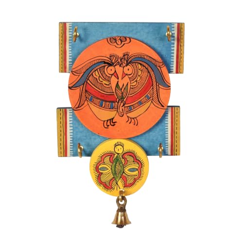 Image of AAKRITI ART CREATIONS Key Holder, Handcrafted Madhubani Key Hanger | Rustic Wood Wall Organizer with 4 Hooks | New Home Gifts | Multifunctional Entryway Decor Item