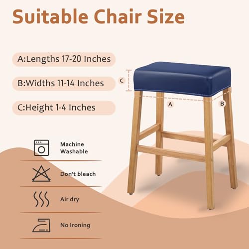 Image of PU Leather Bar Stool Covers Rectangular, 100% Waterproof Stool Covers Rectangle Super Stretch 20% Thicker Leather Saddle Stools Cover Rectangular Counter Bar Stools with Elastic Band (4 PCS, Navy)