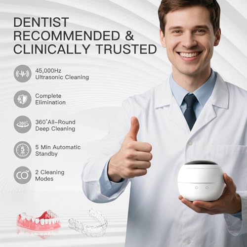 Image of Dental Ultrasonic Retainer Cleaner Machine: 45kHz Dental Cleaning Pod for Denture, Aligner, Mouth Guard, Night Guard, Braces & Jewelry, UV Denture Cleaner with Digital Timer & Dual Mode 250ML White