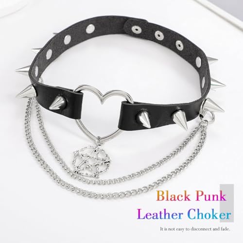 Zoestar Punk-Lederhalsband, schwarz, Gothic-Halsband, Herz-Halsband mit Spikes, Party-Halskette für Damen