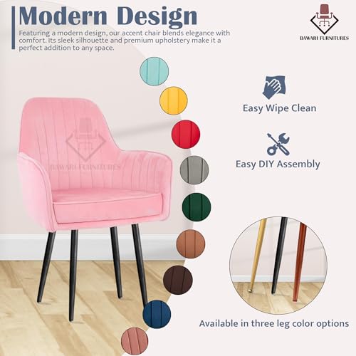 Image of Plush Dining Chair | Accent Chair for Living Room Bedroom Restuarant | Velvet Fabric & Thick Cushion Seat with Sturdy Glossy Metal Legs (Black Legs, Baby Pink)