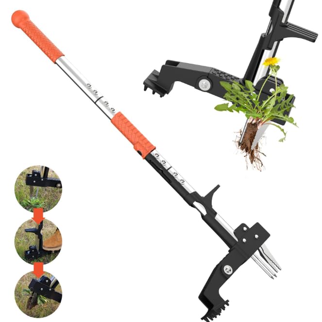 Fayelong Désherbeur Manuel Robuste pour Jardin avec Tête en Acier À 4 Griffes, Manche Réglable (99 À 117 Cm) Et Système D'éjection Facile