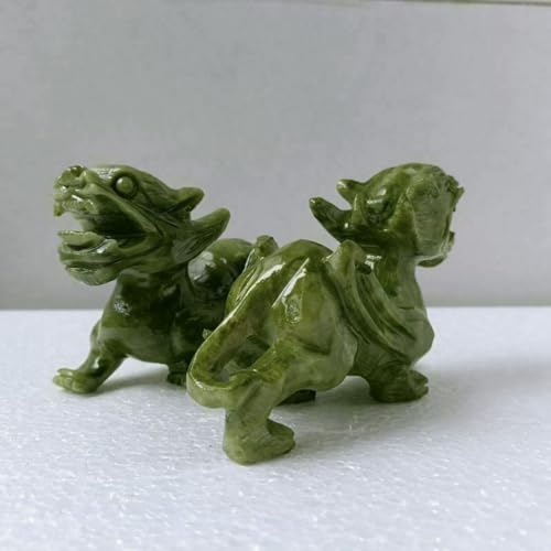 Par de estatuas de dragón Pixiu de jade verde natural, 5.12" miniatura 2