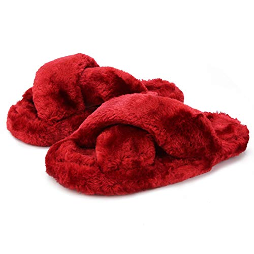 Women's Fuzzy Fluffy Furry Fur Slippers Cozy Memory Foam House Sandals Slides Soft Comfy Flat Open Toe Flip Flop Anti-Slip Spa Indoor Outdoor Slip on Wine Red