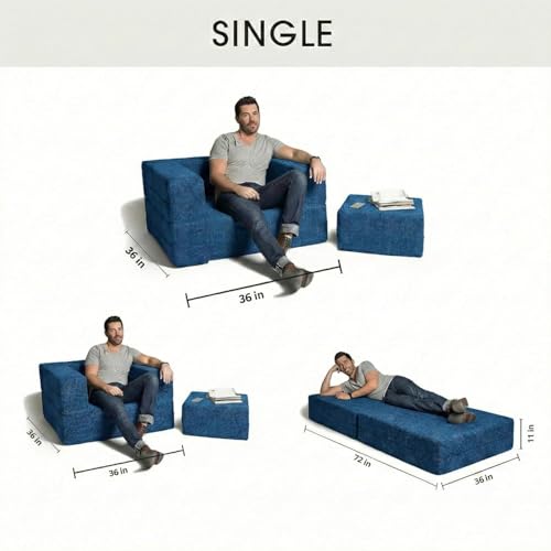 Image of C-Type Sofa Bed 3x6 Ft with Pouffe -Jute Fabric Convertible Floor Sofa Cum Bed with Wide Arm Support for Living Room & Guest Room, Office - Blue Color
