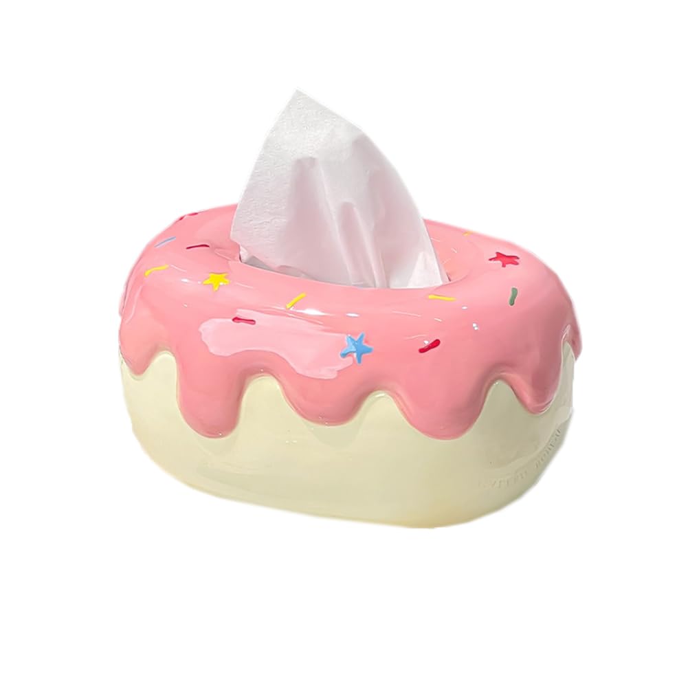 Qinqin Store Girls Pink Donut Shaped Ceramic Tissue Box Cover Cute Ceramic Tissue Box Holder Living Room Decorative Paper Facial Tissue Holders (, Inner Diameter: 14.5×9.5×8Cm/5.71"×3.74"×3.15")
