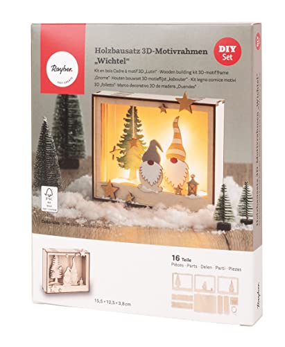 Rayher Holzbausatz Motivrahmen Wichtel, Holz FSC zertifiziert, natur, 15,5 x 12,5 cm, Tiefe 3,8 cm, 16-teilig, zum Basteln und Bemalen, 1 Set, 46670505, Beige