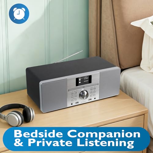Image of MS1 CD Player, FM Radio, Bluetooth Streaming, Powerful Stereo HiFi System, Full Colour Display, 60 Presets, Remote, Acoustic Wooden Cabinet, AUX in, USB Playback and Charging, HP Jack, Black