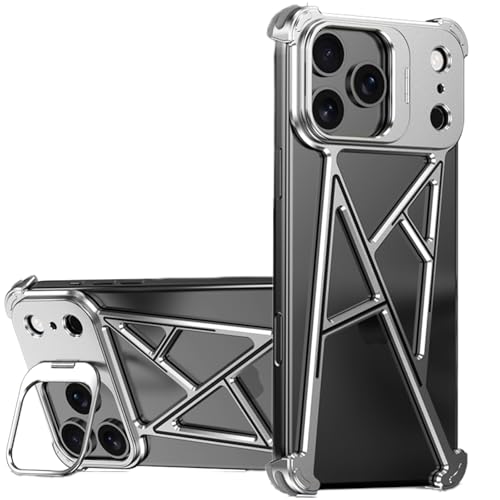 iPhone 17 Pro Max 用 Aフレーム金属バンパー レンズガード キックスタンド 背面オープン放熱 薄型軽量 角落ち耐衝撃 電波干渉しにくい 精密フィット ケース, ブラック