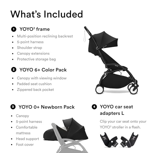 Image of YOYO3 Stroller from Newborn to Toddler: Includes Black YOYO3 Frame, 6+ Color Pack & 0+ Newborn Pack, and YOYO car seat adapters - Light & Compact - Carry-On Compatible