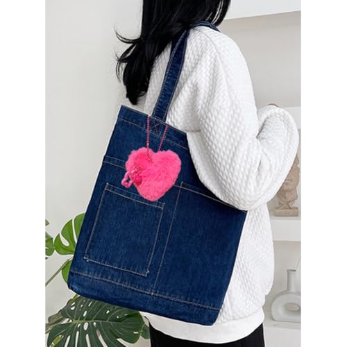 Image of Farm4Far Denim Cute Pink Plush Love Tote Shoulder Sling Hand Bags
