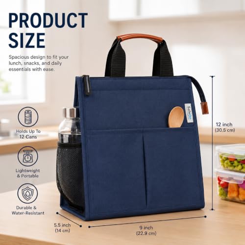 Image of SaleOn Insulated Lunch Bag for Women & Men | Waterproof Soft Cooler Tote | Leakproof, Reusable with Pockets | Thermal Lunch Box for Office, Travel, Picnic (Navy Blue)
