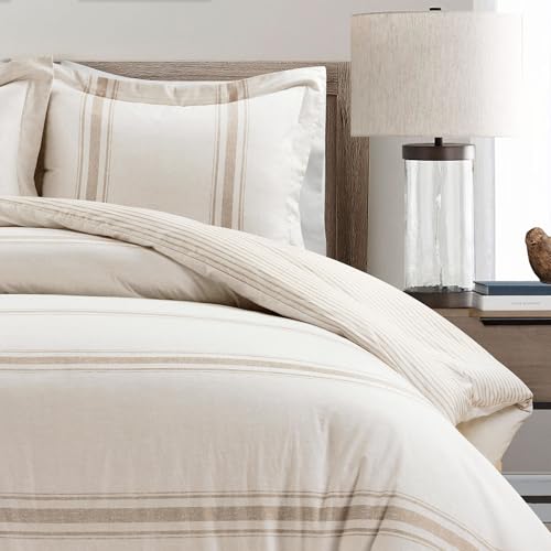 Image of Lush Decor Farmhouse Stripe Reversible Cotton Duvet Cover King Size 3 Piece Set Neutral - Farmhouse Bedding Set King - Striped Duvet Cover