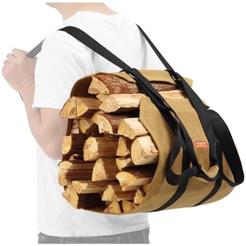 WITSTEP Firewood Carrier Bag Backpack, Waxed Canvas Wood Log Carrier for Firewood, Heavy Duty Firewood Carrying Backpack Bag with 2 Adjustable Shoulder Straps & Padded Handle Cover