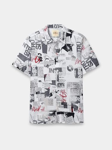 Image of StitchX Men's Half Sleeve Textured Cotton Newspaper Printed Shirt