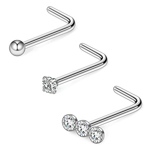 Ruifan 3PCS 20G 316L Surgical Steel Triple Linear Gem Clear CZ & Ball & Clear Round CZ Curved Nose Stud Ring L Shaped Piercing Jewelry - Silver