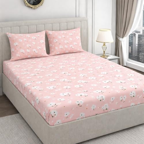 Image of Cotton Feel King Size Flat Bedsheet for Double Bed (90 x 100 Inches | 230 x 250 cm) with 2 Pillow Covers | Soft & Smooth Printed Bedsheet for Daily Use (PinkFlowers, King Bed-90x100)