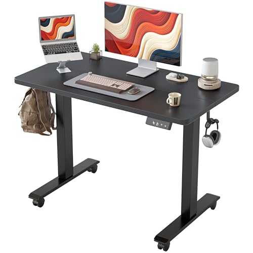 TIQLAB Height Adjustable Electric Standing Desk, 40 x 24 inch, Sit Stand Up Desk, Splice Board, Computer Home Office Desk, Black Top