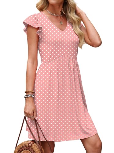 Image of OFEEFAN Summer Dresses for Women Beach Vacation Clothes V Neck Ruffle Sleeve Babydoll Dress Elegant Classy Sundress