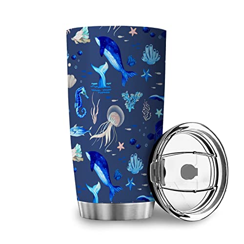 Ynbuyouzhong Nautical Marine Animals 20Oz Tumbler With Lid Sea Turtle Whale Jellyfish Sea Horse Crabs Weeds Blue Vacuum Insulated Cup Water Bottle Travel Coffee Mugs #TOP1