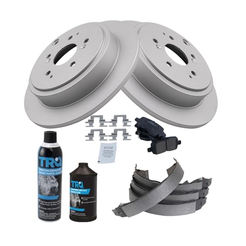 Image of TRQ Rear Brake Pad & Rotor Kit, with Chemical Kit Parking Brake Shoe Set Ceramic Premium G-Coated Compatible with 2003-2008 Honda Pilot