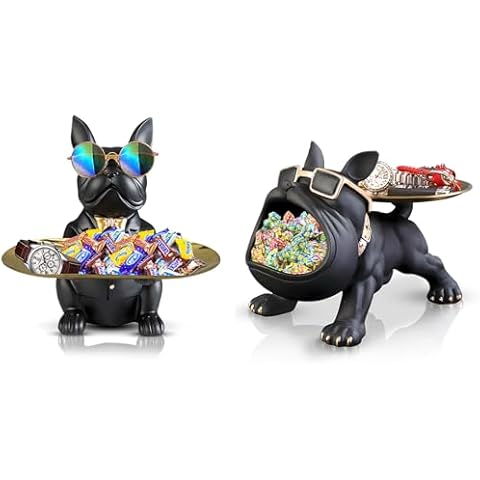 Bulldog Tray Statue, Candy Dish Key Holder Bowl, Black Cover