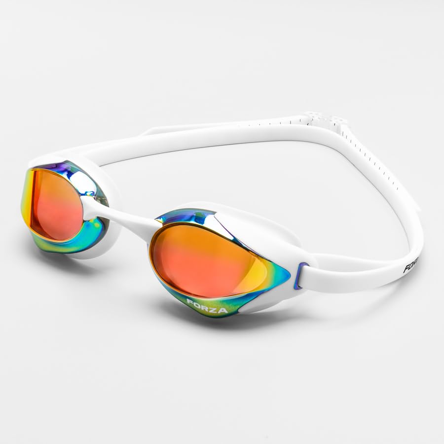 FORZA Racing Swimming Goggles [Adults] | Panoramic Mirrored Anti-Fog Lenses with UV Protection & Adjustable Double Strap - Multiple Colourways (1, White/Multi)