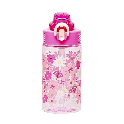 Zak Designs Sage Water Bottle For School or Travel, 16oz Durable Plastic Water Bottle With Straw, Handle, and Leak-Proof, Pop-Up Spout Cover (Flower Power) | For School, or Travel, Durable, With Straw, Handle, Leak-Proof