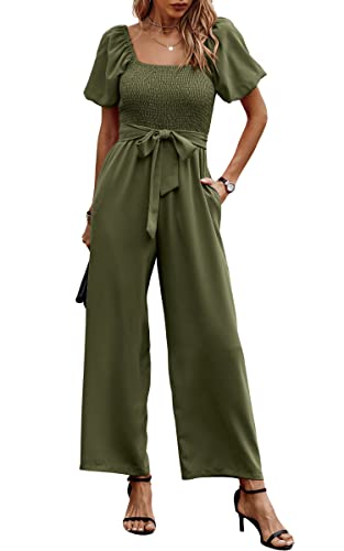 Angashion Women's Jumpsuits Square Neck Puff Short Sleeve Smocked Waist Wide Leg Outfit Rompers Playsuit With Belt PocketsArmy GreenSmall